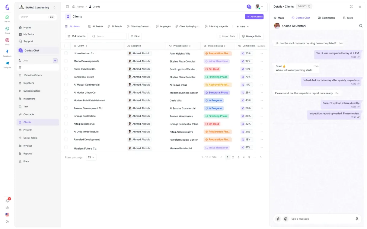 The Corteksa workspace — manage projects, clients and documents in one place